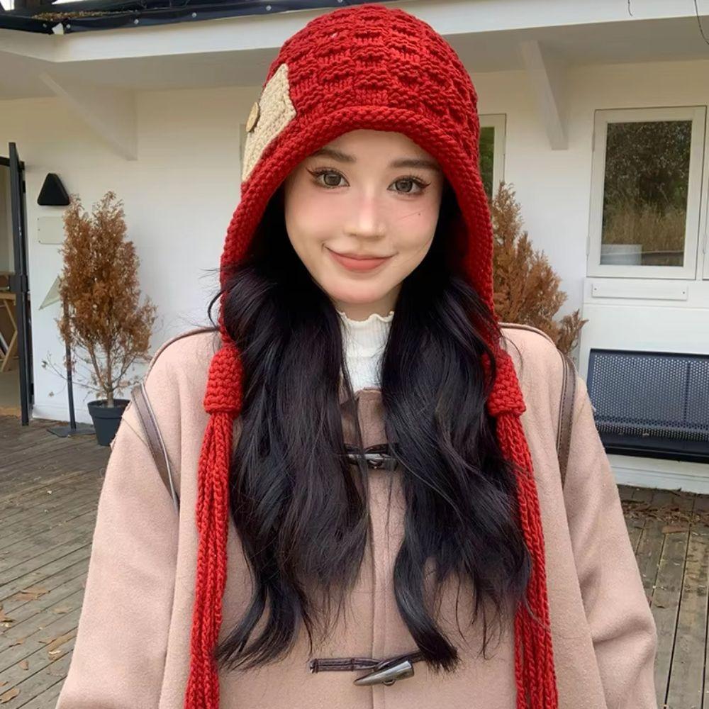 Long Tassels Knit Beanies Wool Ear Protection Hat Retro Crochet Knitted Hat Winter
