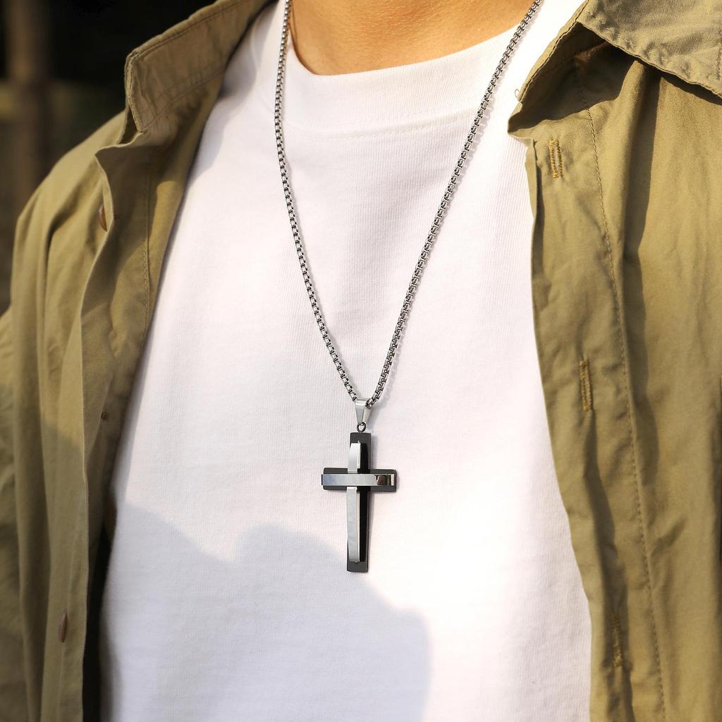 Стильные многослойные necklaces с крестом для мужчин и мальчиков, двухцветный черный серебристый цвет, подвеска-крест, религиозный молитвенный ожерелье