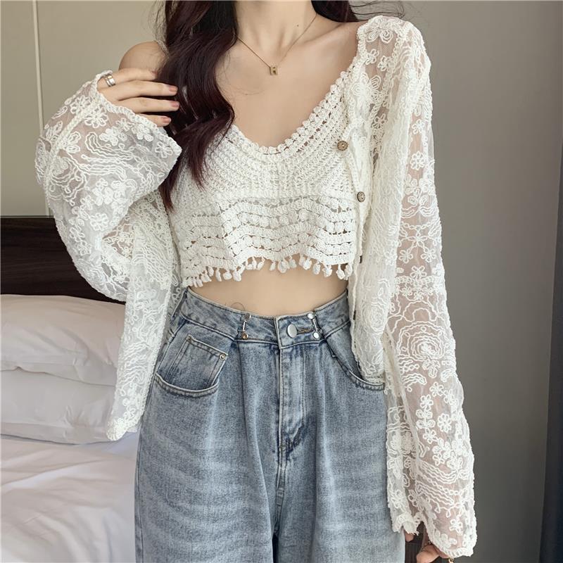 Spring Summer Women's Suit Suspender Vest + V-neck Crochet Openwork Lace Long Sleeve Cardigan Sun Protection Clothing Two-piece Suit