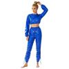 Waterproof Vinyl Long Sleeve Crop Top and Elastic Waist Capri Pants Set with Back Zipper Side Drawstrings for Women Fitness Workout