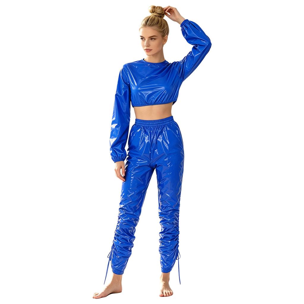 Waterproof Vinyl Long Sleeve Crop Top and Elastic Waist Capri Pants Set with Back Zipper Side Drawstrings for Women Fitness Workout