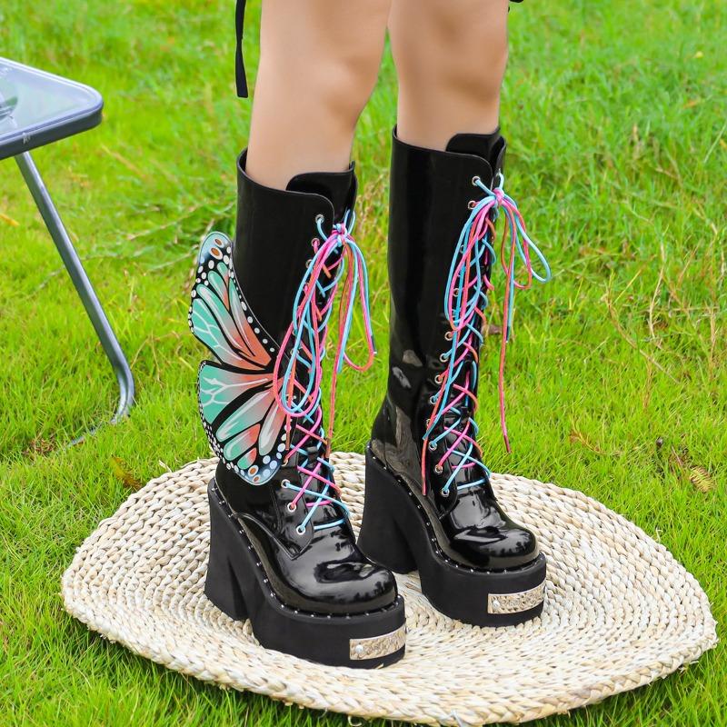 Women's Dark Platform Locomotive Boot Punk Style Knee Boot Fashion Colored Wings Butterfly Mid Boot Women Tide Boots Boats Mujer