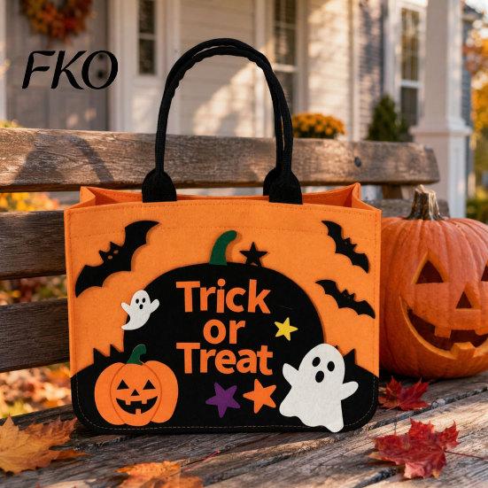 Halloween Photo Prop Bag Trick or Treat Bag, Felt Goodie with Pumpkin Ghost Patches, Or Candy Holder Large Tote for Kids, Party Favor,