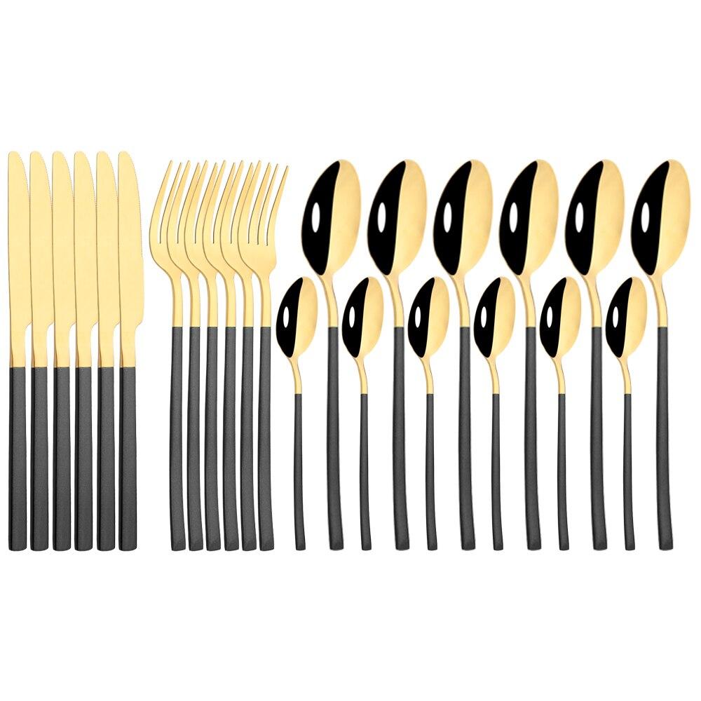24 шт., черный набор столовых приборов, нож, вилка, ложка, набор столовой посуды, зеркало из нержавеющей стали, чайные ложки, столовые приборы, набор столового серебра