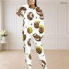 Women Plus Size White Printed Round Neck Long Sleeve Top With Pockets Long Pants Two Piece Set