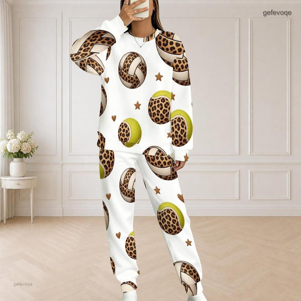 Women Plus Size White Printed Round Neck Long Sleeve Top With Pockets Long Pants Two Piece Set
