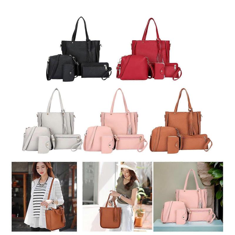 Elegant 4Pcs Women's PU Leather Shoulder Bag Set Crossbody Purse Shoulder Bag Card Holder Casual Handbag Red