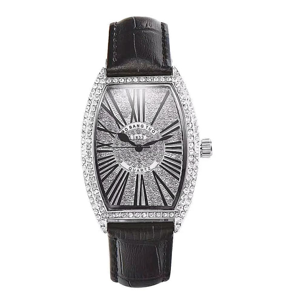 Trendy Iced Out Silver Full Diamond Face Leather Oval Quartz Watch with Pink Black Brown White Leather Watchband