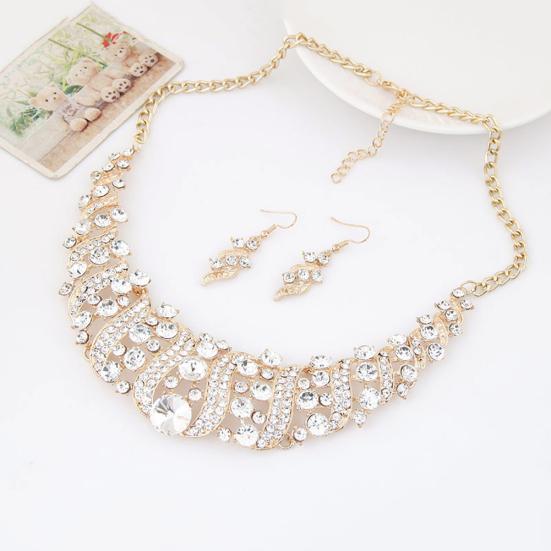 Women Rhinestone Spiral Bib Necklace Hook Earrings Statement Party Jewelry Set