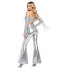 Women Disco Dance Outfit Cold Shoulder Long Sleeve Tassel Sequined Crop Top Metallic Shiny Flared Pants