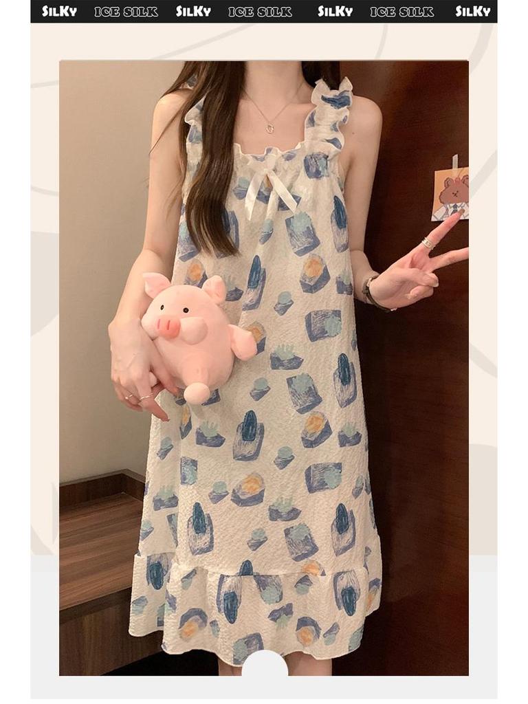 Женская летняя ночная рубашка из хлопка с пузырьками и подтяжками на груди — легкая, стильная домашняя одежда для дома и улицы