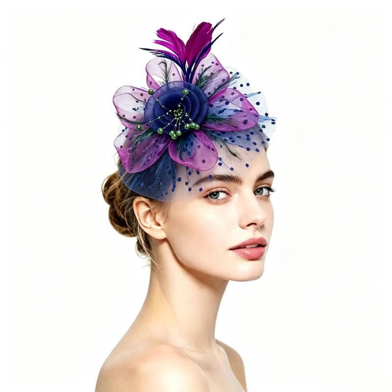 Vintage Bridal Feather Headpiece With Colorful Mesh Flower For Weddings And Parties