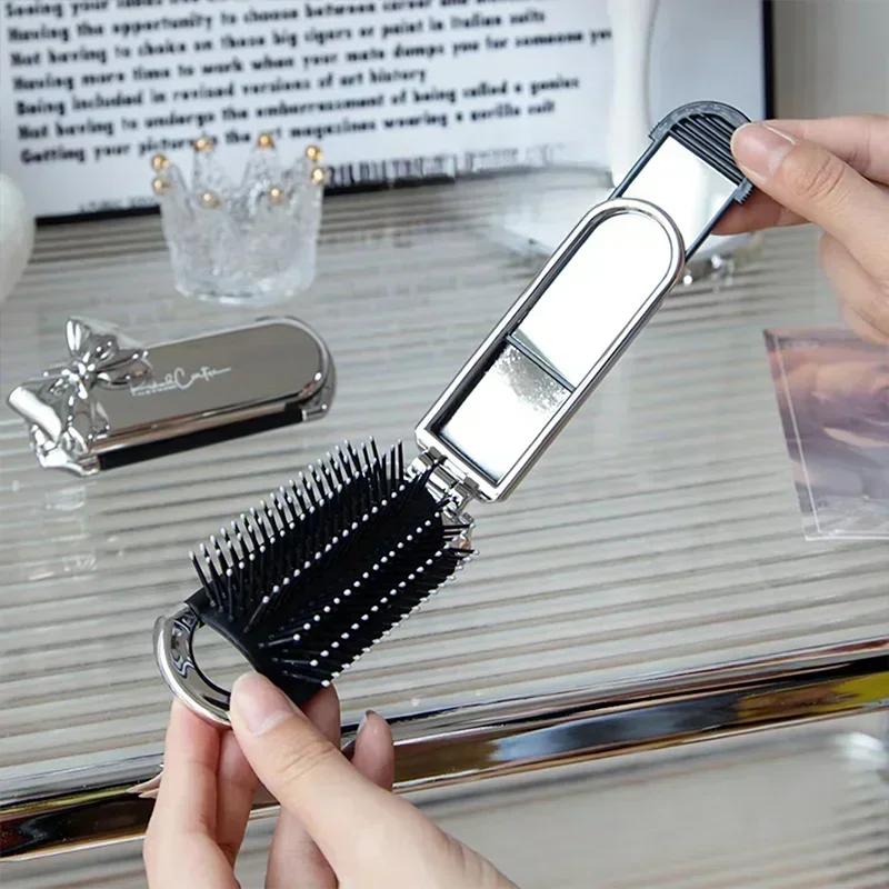 Складная расческа с серебристым бантом и зеркалом, украшенная стразами, косметичка для путешествий, маленькая щетка для волос, инструменты для макияжа