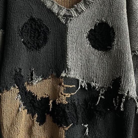 Женский пуловер с V-образным вырезом и графическим принтом, с длинным рукавом, повседневный вязаный свитшот оверсайз, рваный винтажный осенний топ