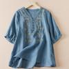 Summer Cotton Linen Embroidery Blouse Art Retro Loose Top Women