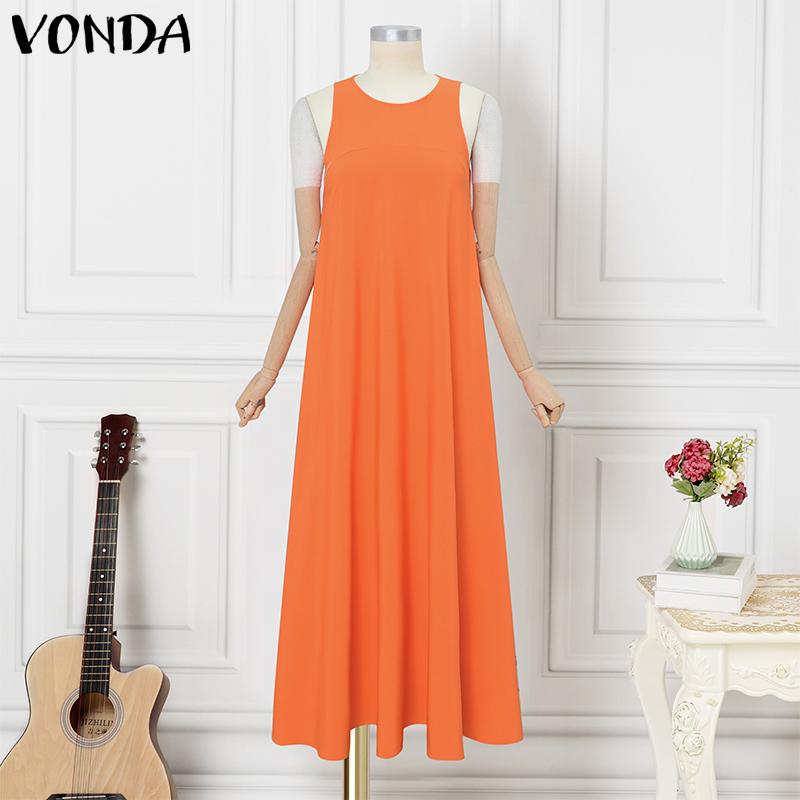 VONDA Летнее женское платье с круглым вырезом, без рукавов, однотонное, праздничное, пляжное, длинное, плиссированное