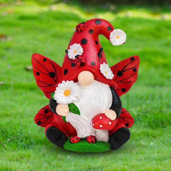 Ladybug Gnome Figurine Flower Winged Dwarf Elf Resin Statue Sculpture Indoor Outdoor Garden Home Office Desktop Decoration Ornament