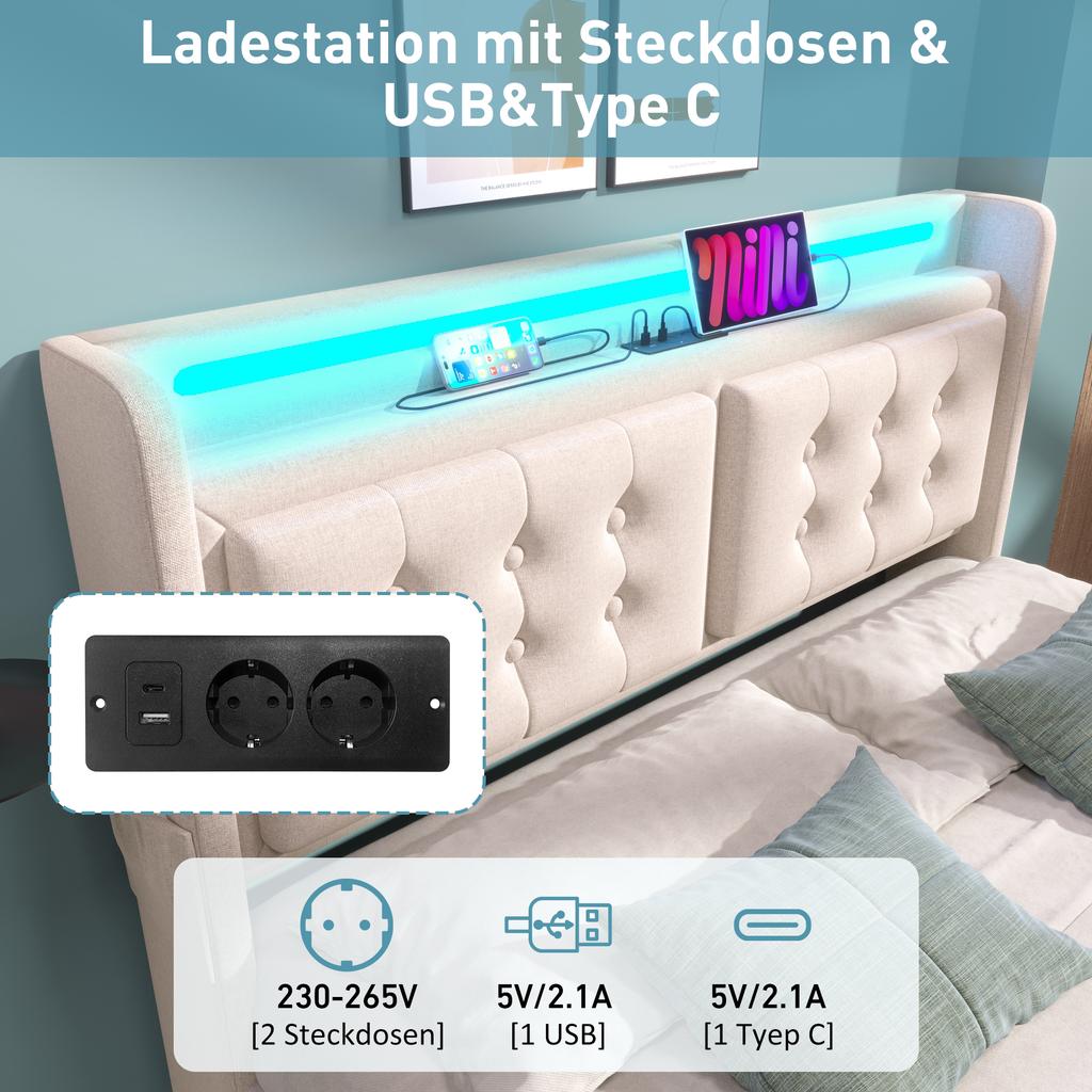 Upholstered Bed 140x200, Double Bed with LED Headboard and USB C Charging, Hydraulic Wooden Slatted Base, 300 kg, Beige, Cotton (Without Mattress)