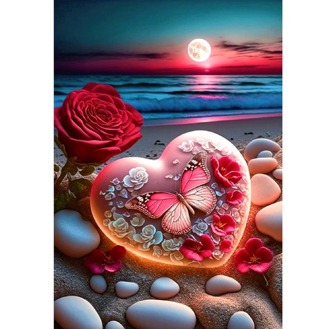 Романтический пляж 5D DIY Алмазная картина Бабочка Роза Любовь Пейзаж Полный Круглый Алмазная вышивка Мозаика Вышивка крестом