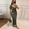 Knit Button Ribbed Slim Hip Package Women Long Dress Early Autumn V-neck Short Sleeve Female Robe