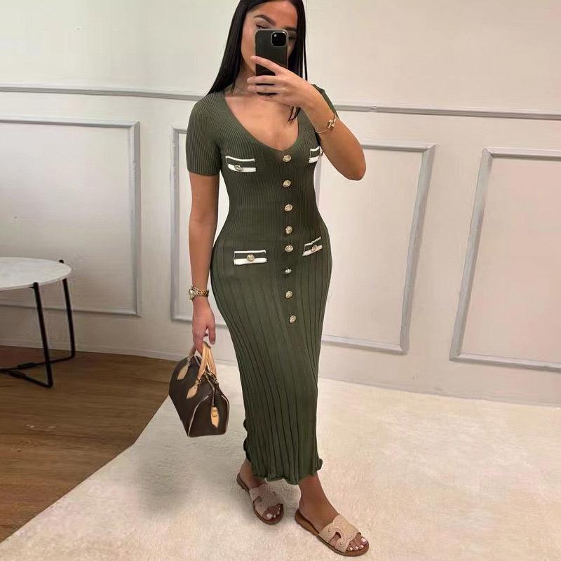 Knit Button Ribbed Slim Hip Package Women Long Dress Early Autumn V-neck Short Sleeve Female Robe