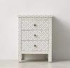 India Bone Inlay 3-Drawer Bedside Table  Gray & White Geometric Design Bone Inlay Nightstand with Floral Pattern,Bone Cabinet Desk Dressers