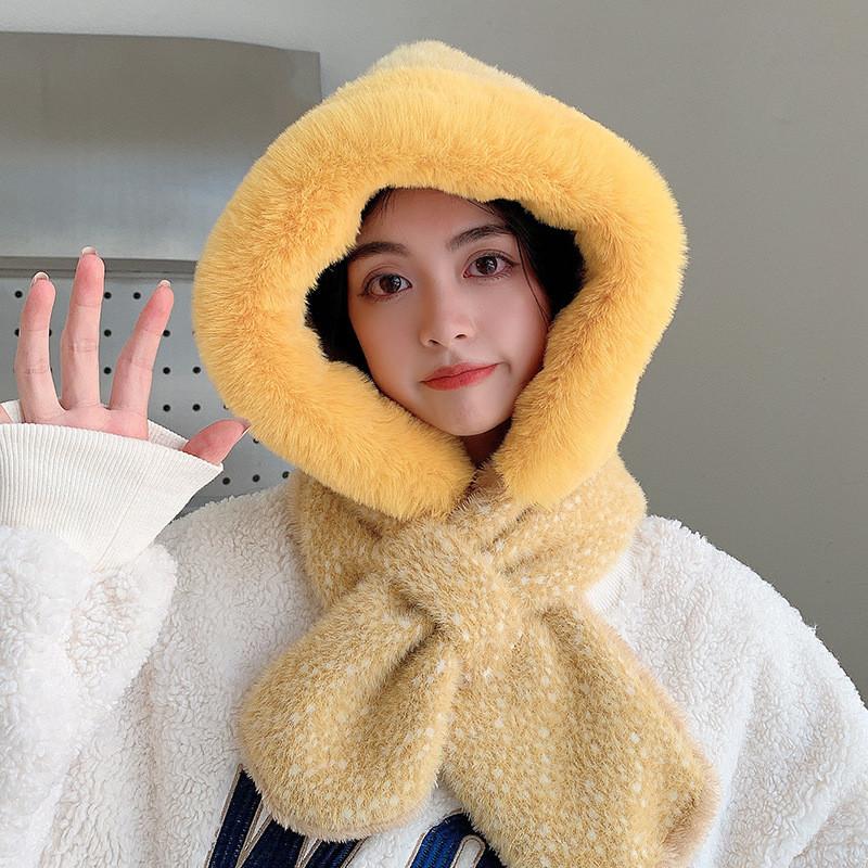 Winter Plush Hat With Scarf For Adults Pure Color Cozy Windproof Korean Style