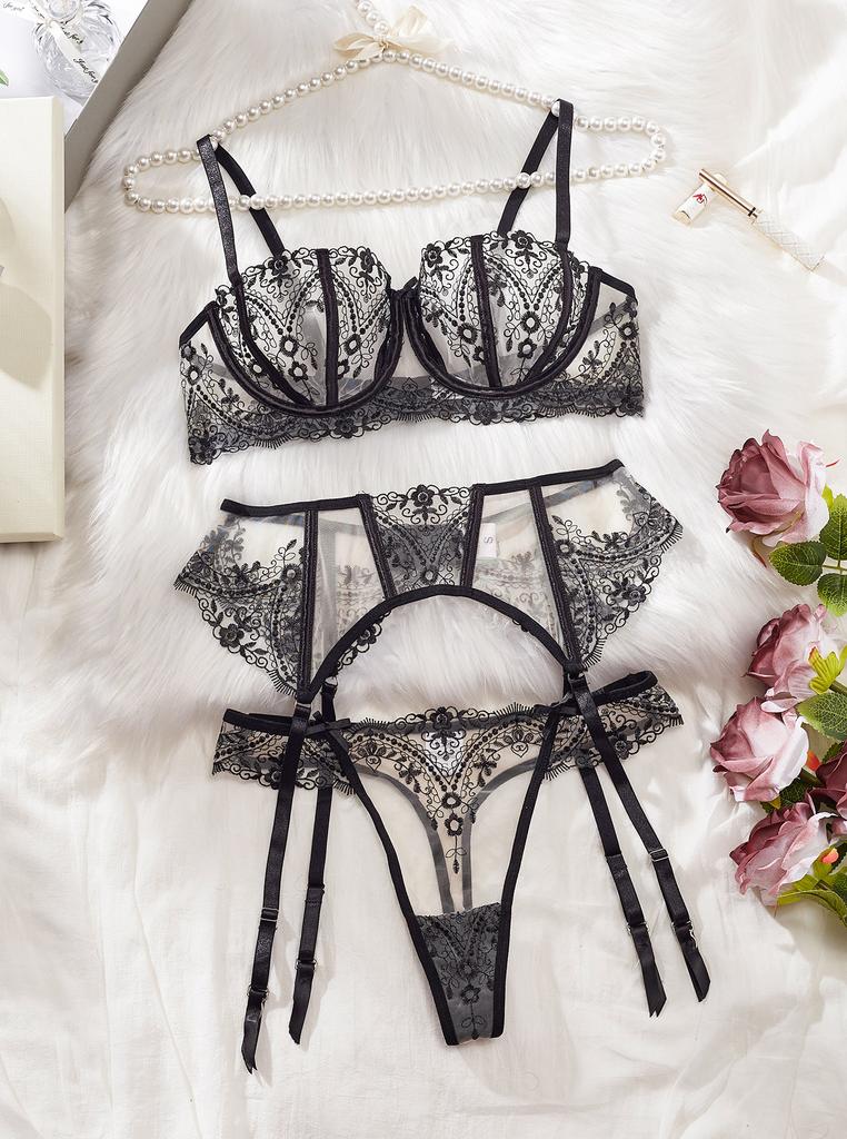 Floral Embroidery Woven Lingerie Sets Garter Belt Half Slips for Women Erotica Underwear Mesh See Through Sexy Hollow Daring