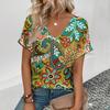 Элегантная женская футболка с V-образным вырезом, женская футболка с коротким рукавом в стиле ретро для отдыха, модная футболка с цветочным узором, популярная женская футболка с принтом