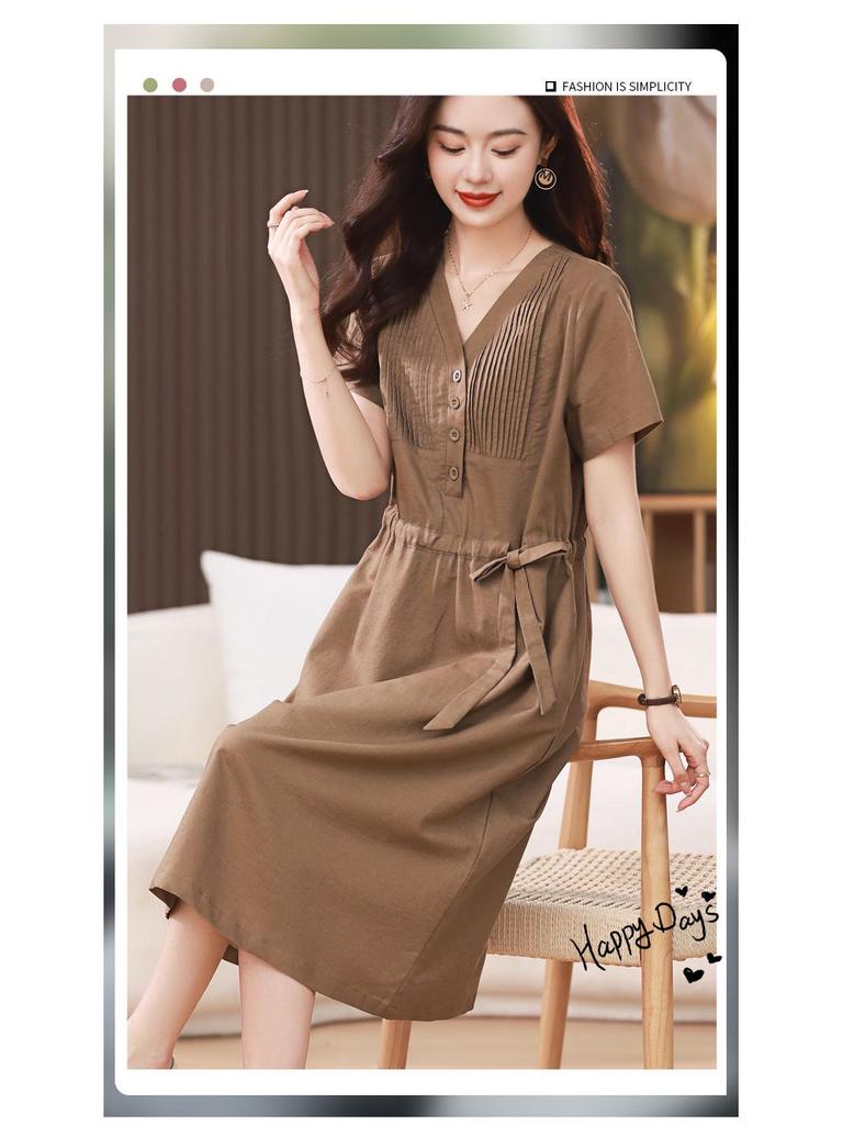 Летнее платье миди с V-образным вырезом, приталенное, из хлопка и льна, для женщин среднего возраста, 2025