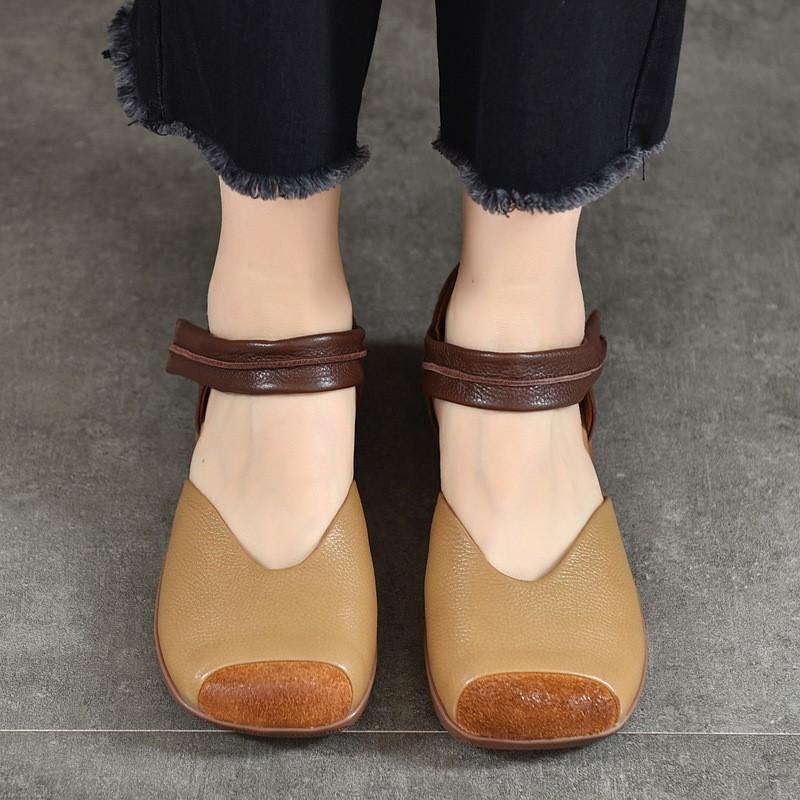 Johnature Mixed Colors Genuine Leather Sandals Retro Square Toe Soft Sole Versatile Women's Flat Shoes