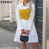 VONDA Женские винтажные контрастные цветные платья-рубашки с длинным рукавом А-силуэта