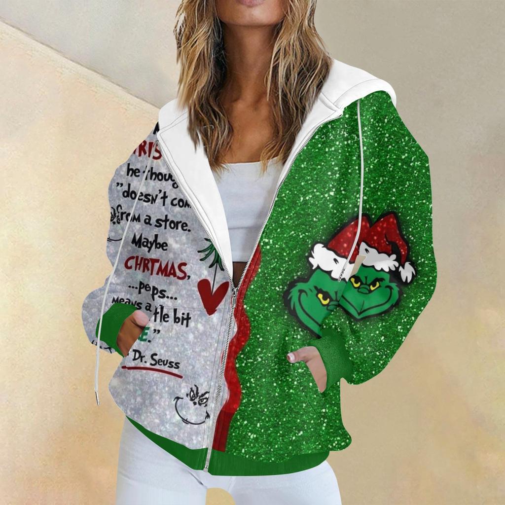 Women's Fashion Casual Christmas Print Long Sleeve Sweatshirt Pocket Jacket Zipper Hoodie Coat