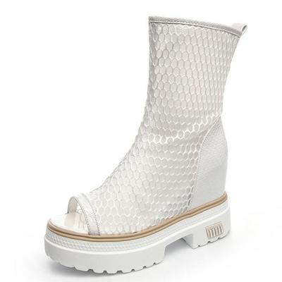 Мода 10 см Натуральная кожа Воздушная сетка Женская летняя обувь Ботинки на платформе Танкетка Скрытый каблук Пикантный носок Открытые ботильоны До колена