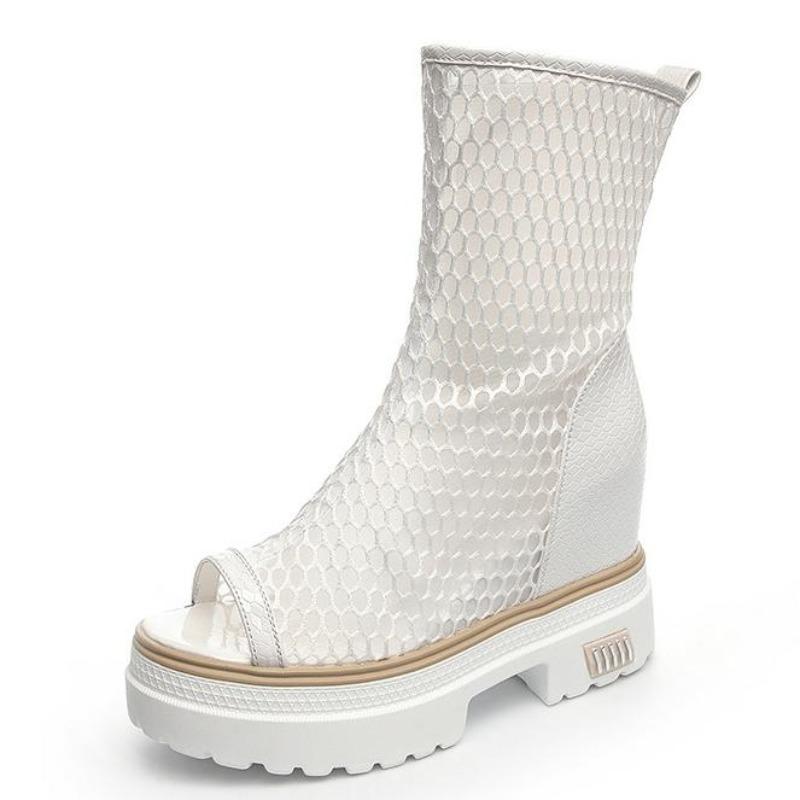 Мода 10 см Натуральная кожа Воздушная сетка Женская летняя обувь Ботинки на платформе Танкетка Скрытый каблук Пикантный носок Открытые ботильоны До колена