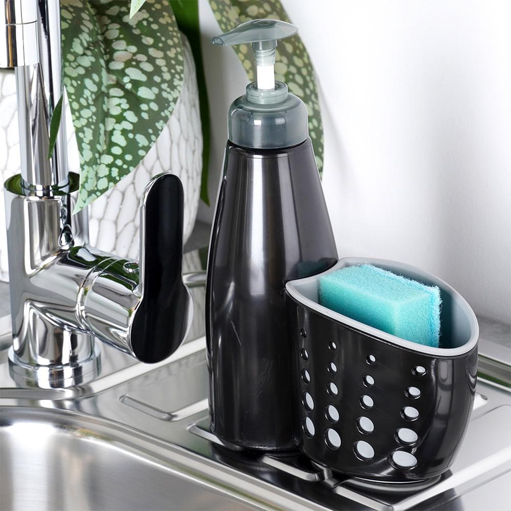 Dishwashing liquid dispenser with sponge container black 370 ml