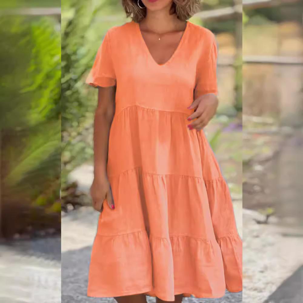 Женское свежее милое однотонное платье с V-образным вырезом и большой юбкой-качелями