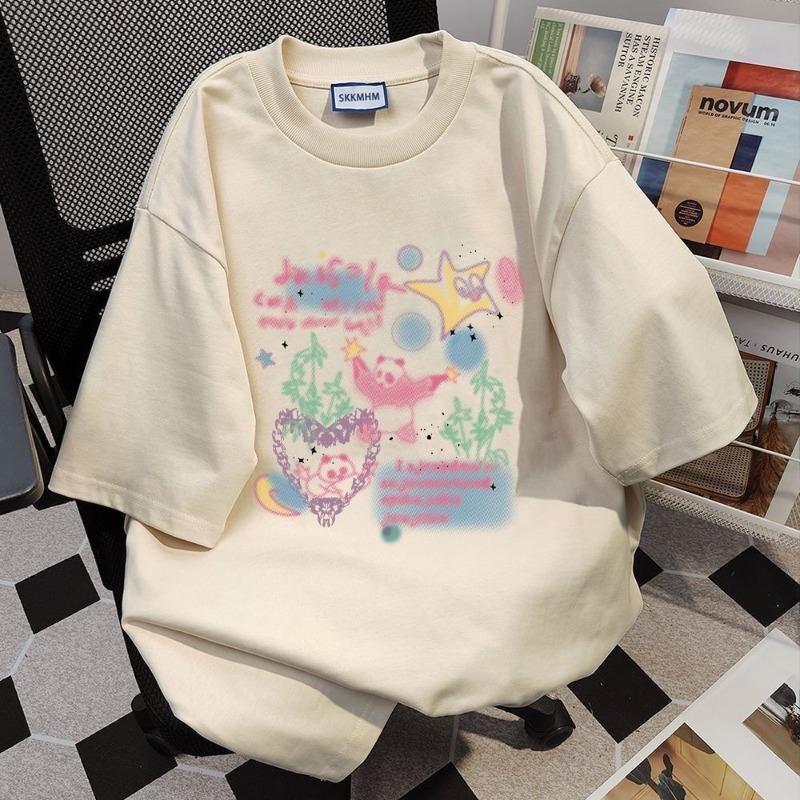 Women's Summer Cartoon Age Reduction Print Loose Design Sense Niche Vintage Round Neck Short Sleeved Top