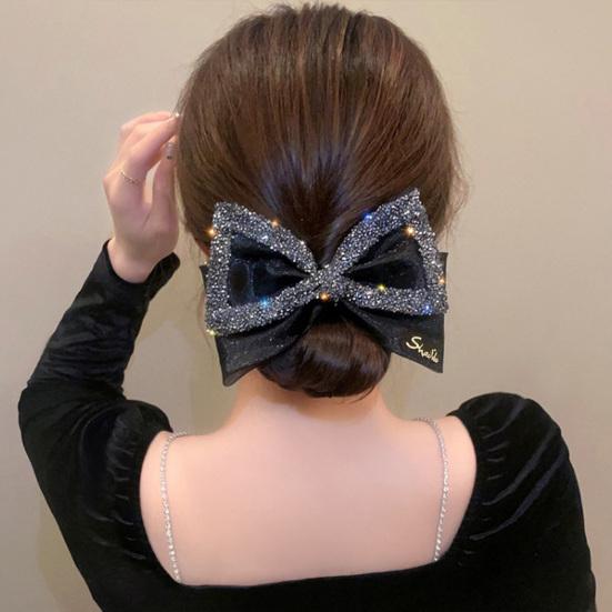 Shiny Rhinestones Non-Slip Spring Clip Tight Elegant Big Mesh Bowknot Decor Top Hair Barrette Hair Accessories