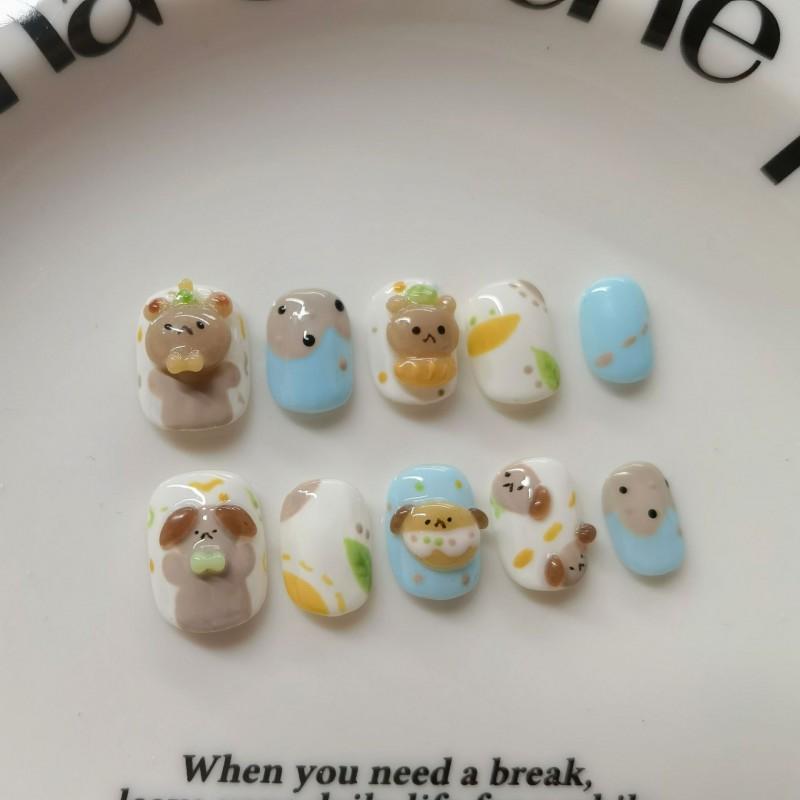 Handmade Press-On Nails Short Square Style Cute Cartoon Nail Art Tips Women Girls