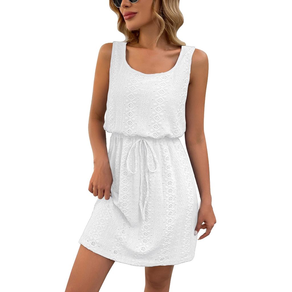 Women's Loose Solid Color Quare Neck Spring Hollow Out Drawstring Sleeveless Dress