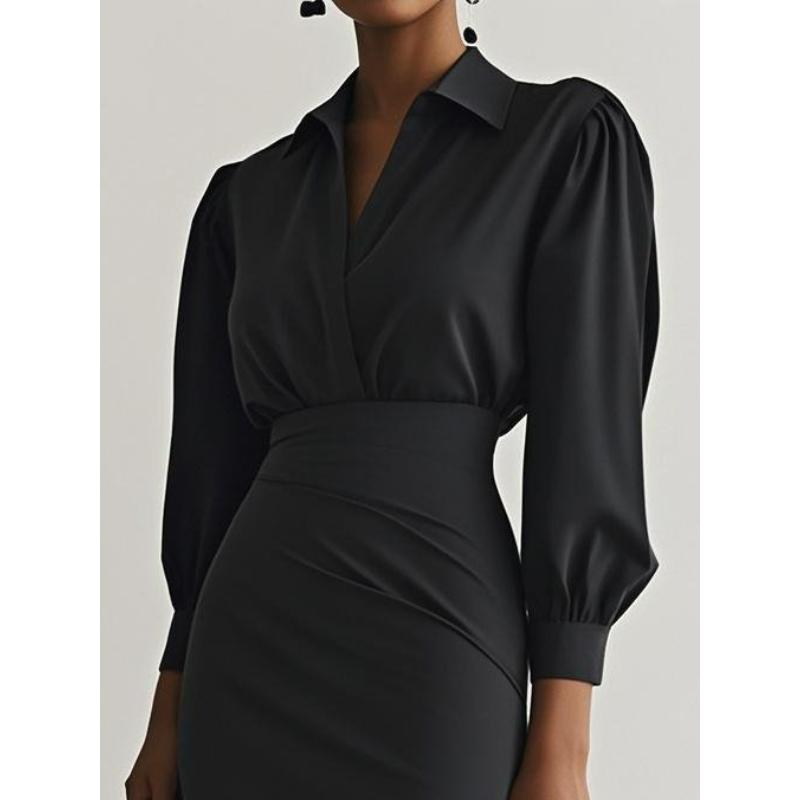 Женское платье миди с V-образным вырезом и оборками, однотонное платье с поясом на талии и элегантными складками, офисное повседневное облегающее длинное платье для универсального стиля