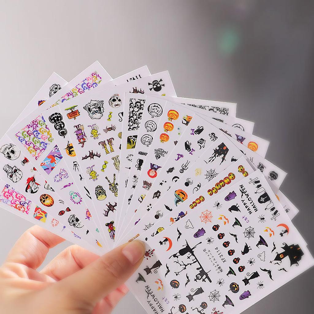 12Pcs Halloween Manicure Stickers Skull Pumpkin Nail Art Stickers Spooky Decals for Women DIY Manicure Halloween Party Props