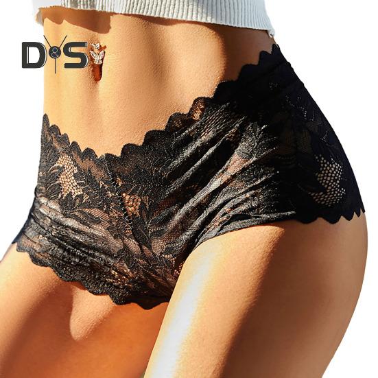 Women Panties Hollow Out Lace Mid Waist Soft Breathable Anti Septic Soilid Color Elastic See Through Lady Underpants Briefs Underwear