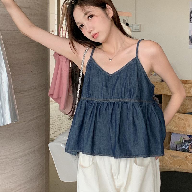 Элегантный повседневный стильный жилет, короткая джинсовая майка с V-образным вырезом, многослойная плиссированная майка с оборками, внутренняя одежда, наружная безрукавка, топы для женщин