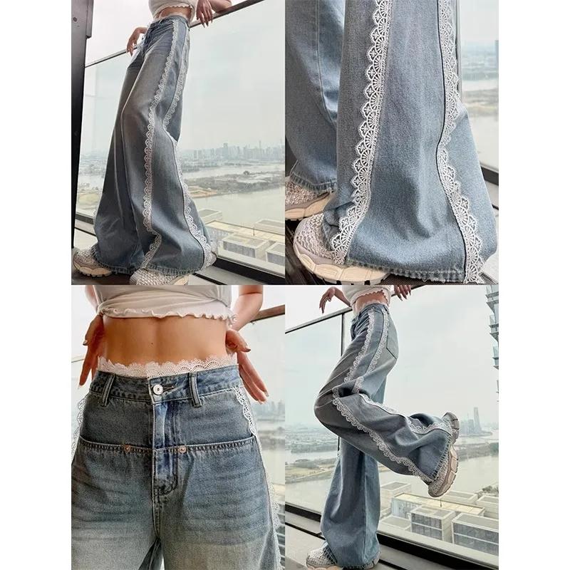 Women's Blue Lace Jeans Baggy Y2K Korean Edition Harajuku 2000s Streetwear Fashion Cute Academy Retro Jeans Pants Clothing 2025