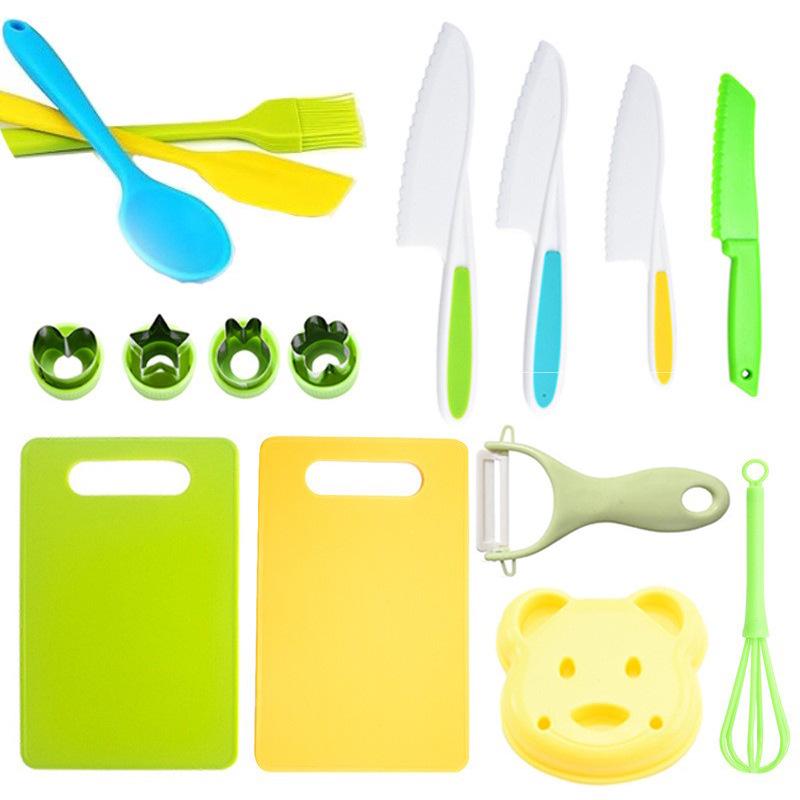 Детский безопасный кухонный набор из 46 предметов: Пластиковые ножи для фруктов и овощей с формами для тиснения и инструментами для детского питания. Доступно несколько стилей.
