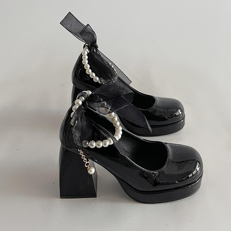 Туфли на высоком каблуке с толстым жемчужным каблуком женские весенние новинки 2025 года в стиле французской феи, простые, с увеличенным каблуком, туфли Мэри Джейн