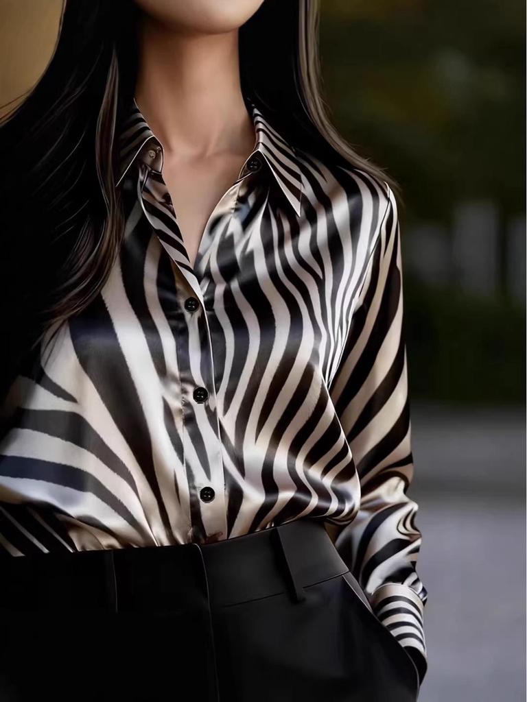 Повседневная свободная рубашка на пуговицах с принтом зебры для женщин, весна/осень 2026