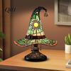 Fantasy Glass Lampshade Stained Style Witch Hat Lamp, USB Powered Resin Wizard Night Light Dorm Room Desk Lamp with Sun Star, Gothic Halloween